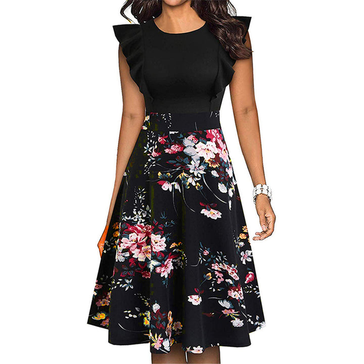 Womens Vintage Ruffle Floral Flared A Line Swing Casual Cocktail Party Dresses Image 3