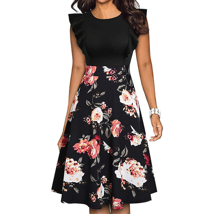 Womens Vintage Ruffle Floral Flared A Line Swing Casual Cocktail Party Dresses Image 4