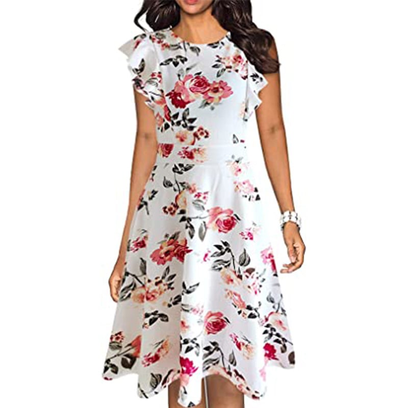 Womens Vintage Ruffle Floral Flared A Line Swing Casual Cocktail Party Dresses Image 1