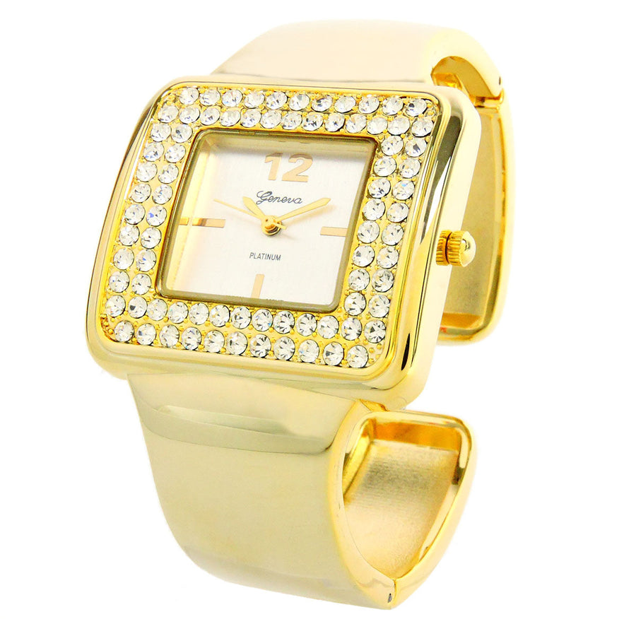 Gold Tone Crystal Bezel Luxury Bangle Cuff Watches for Women Image 1