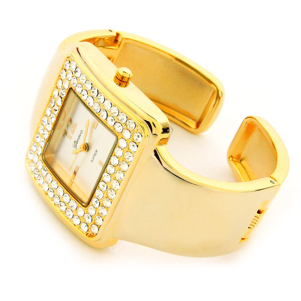 Gold Tone Crystal Bezel Luxury Bangle Cuff Watches for Women Image 2