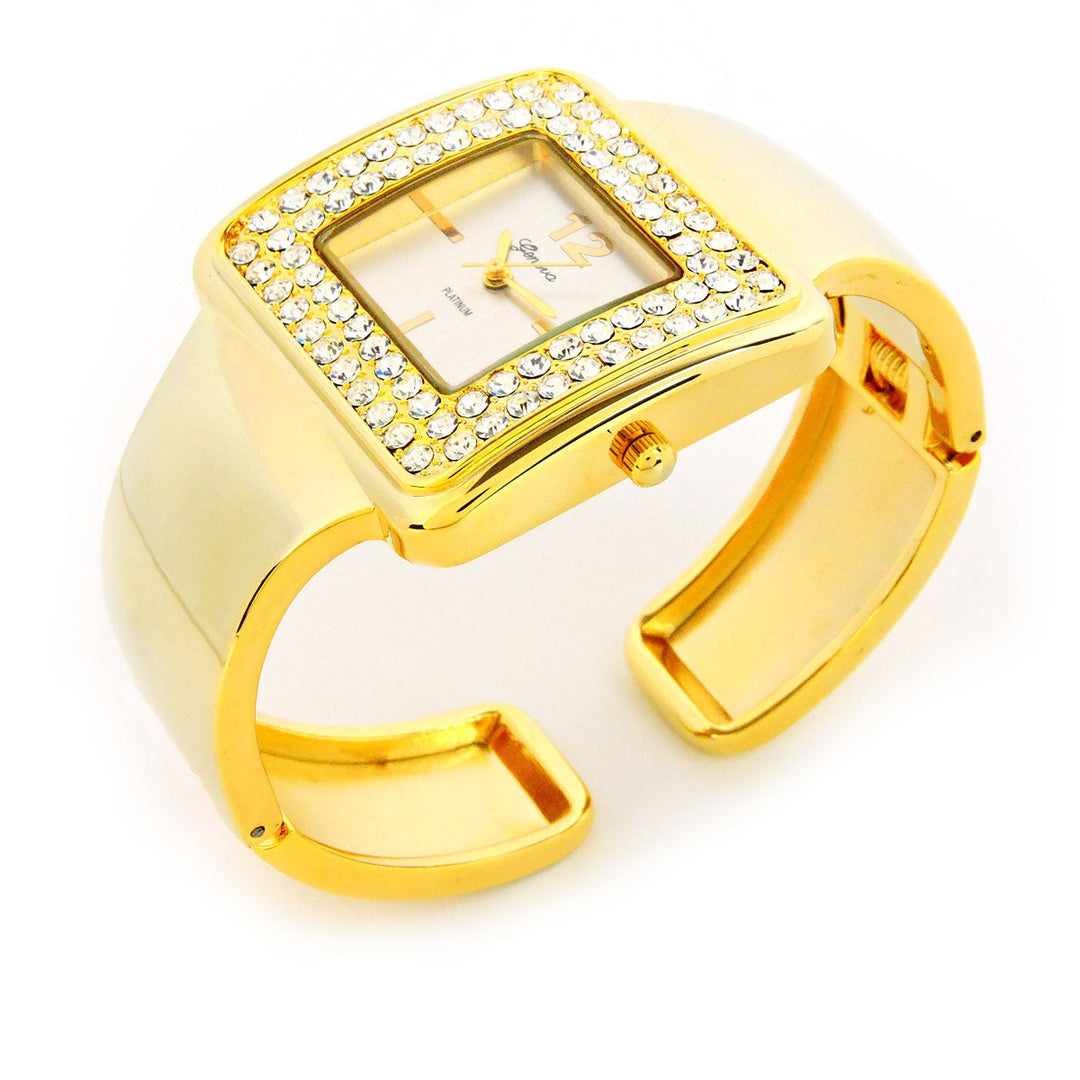 Gold Tone Crystal Bezel Luxury Bangle Cuff Watches for Women Image 4