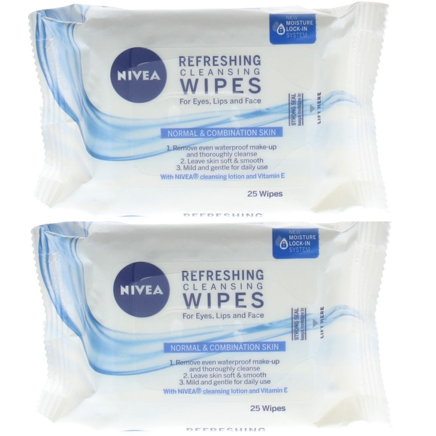 Nivea 3-In-1 Refreshing Cleansing Wipes Face Cleansing (2 packs of 25 Wipes- Total 50 Wipes) Image 1