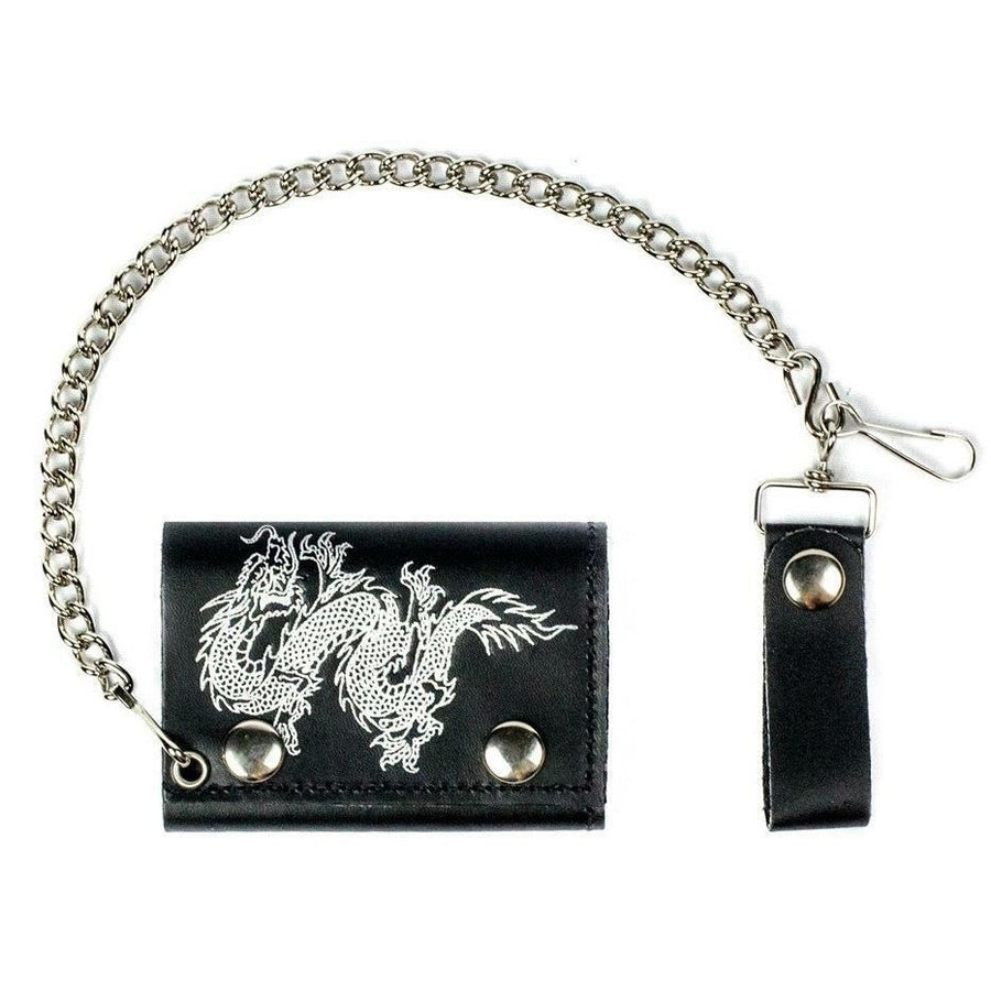 CHINESE DRAGON TRIFOLD MOTORCYCLE BIKER WALLET W CHAIN mens  534 LEATHER Image 1