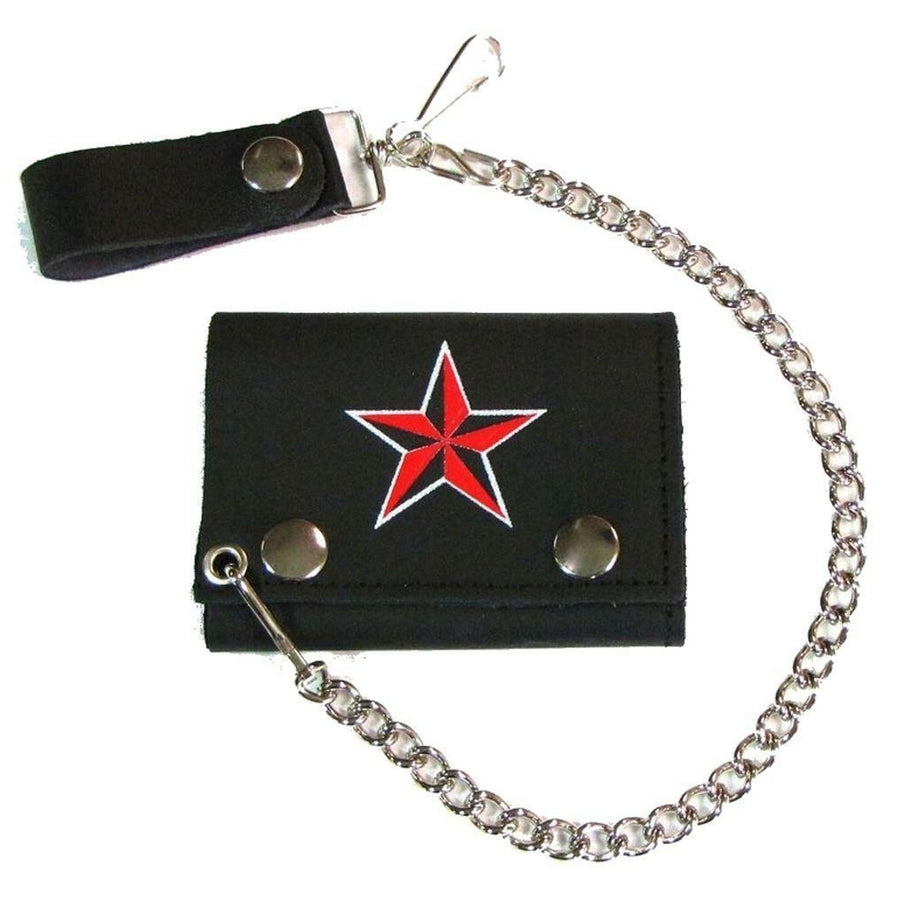 NAUTICAL RED BLACK STAR TRIFOLD BIKER WALLET WITH CHAIN mens LEATHER 599 Image 1