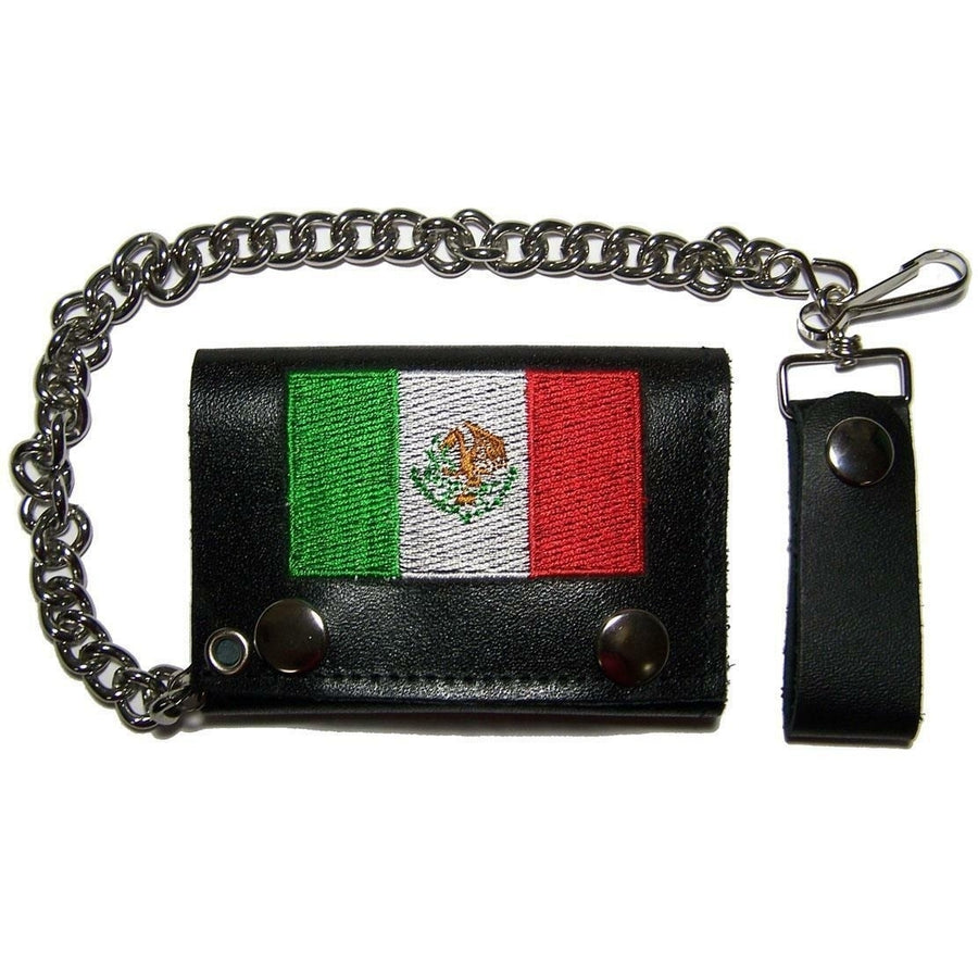 EMBROIDERED MEXICO FLAG TRI FOLD BIKER WALLET With CHAIN mens LEATHER 665 Image 1