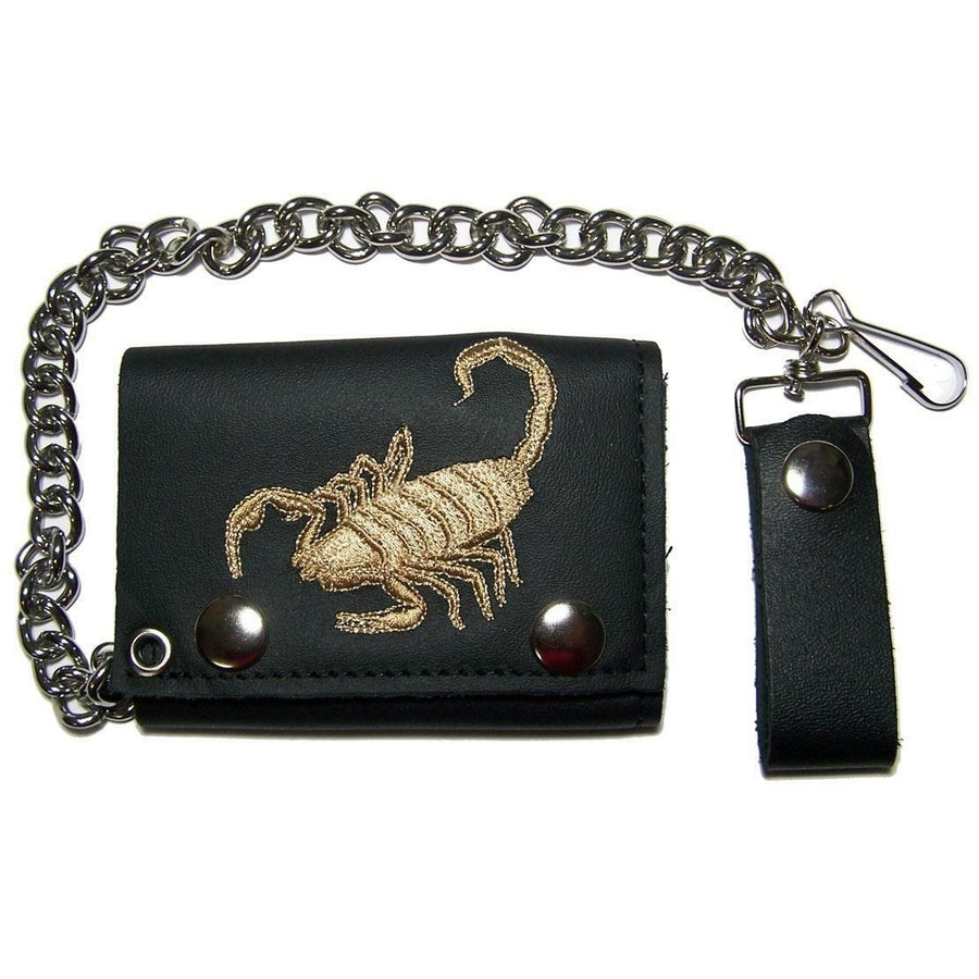 EMBROIDERED SCORPION TRI FOLD BIKER WALLET With CHAIN mens LEATHER 663 poison Image 1