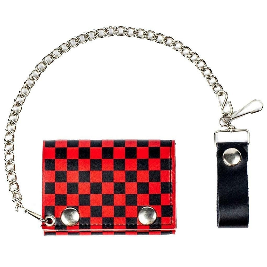 RED and BLACK CHECKERED  TRIFOLD BIKER WALLET W CHAIN mens LEATHER 579  flag Image 1