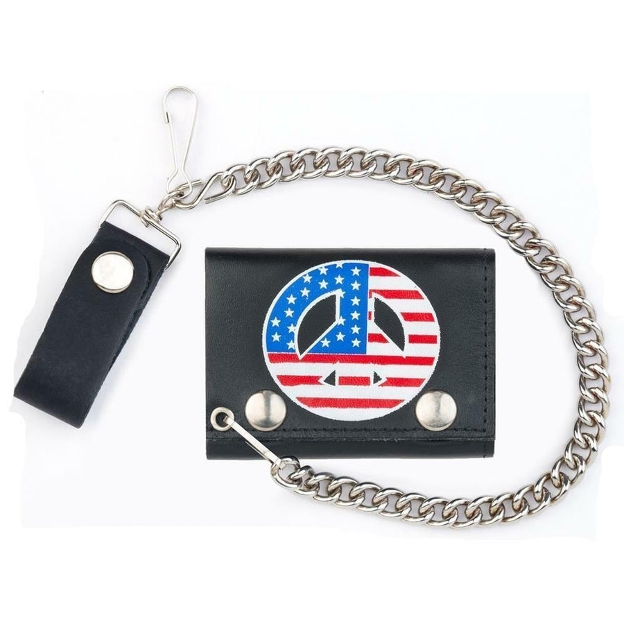 AMERICAN FLAG PEACE SIGN TRI FOLD BIKER WALLET With CHAIN mens LEATHER 582 Image 1