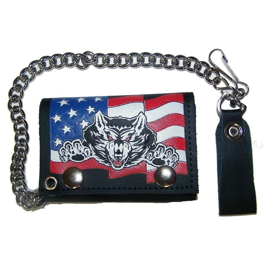 AMERICAN FLAG WOLF TRIFOLD BIKER WALLET W CHAIN mens LEATHER 624 wolves Image 1