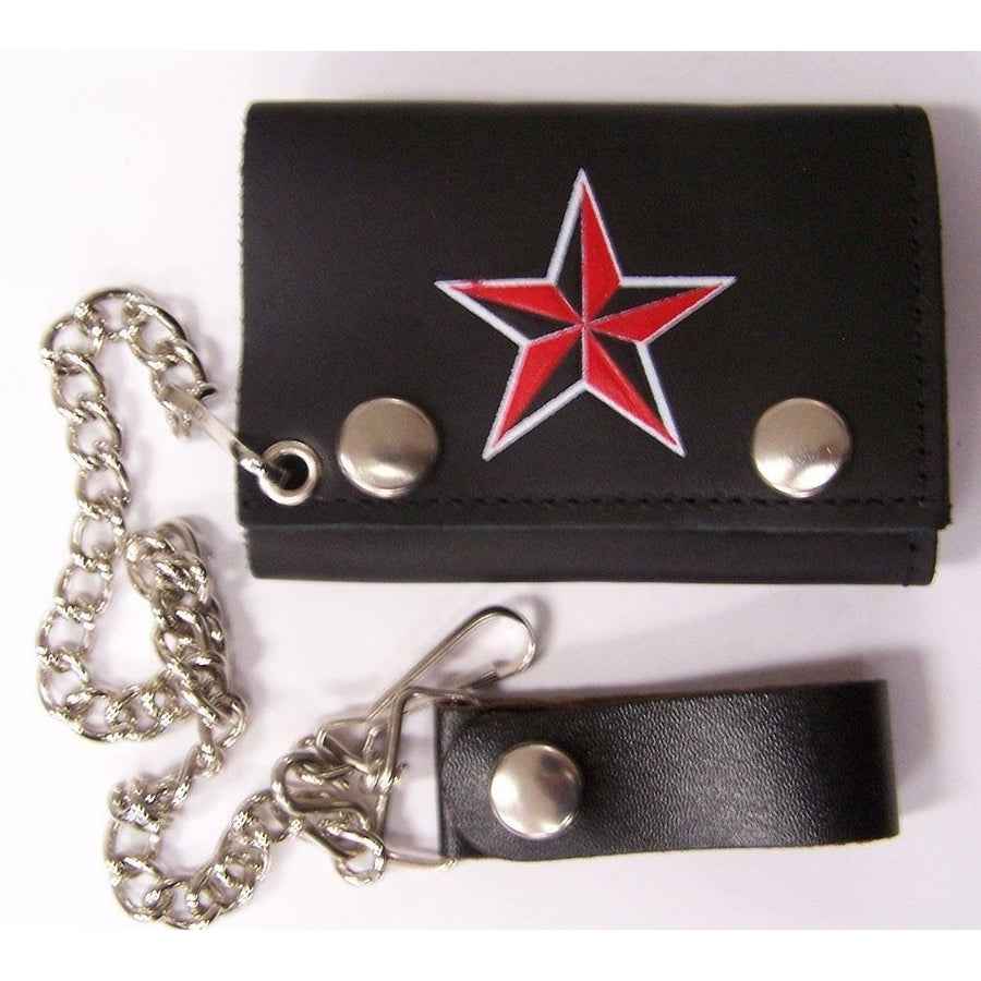 NAUTICAL RED BLACK STAR TRIFOLD MOTORCYCLE BIKER WALLET W CHAIN mens LEATHER Image 1