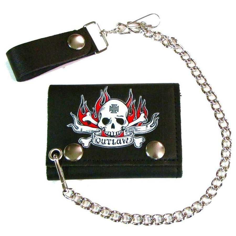 OUTLAW SKULL HEAD BLACK COLOR TRIFOLD BIKER WALLET W CHAIN mens LEATHER 596 Image 1