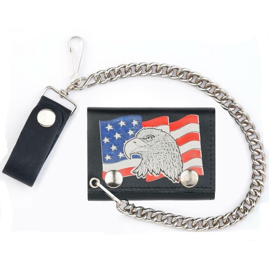 USA FLAG WITH EAGLE TRIFOLD MOTORCYCLE BIKER WALLET W CHAIN mens 551 LEATHER Image 1