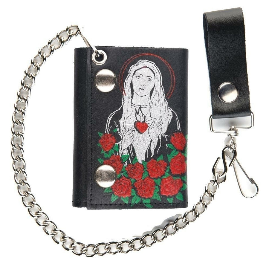 GUADALUPE MARY ROSES TRIFOLD MOTORCYCLE BIKER WALLET W CHAIN mens 550 LEATHER Image 1