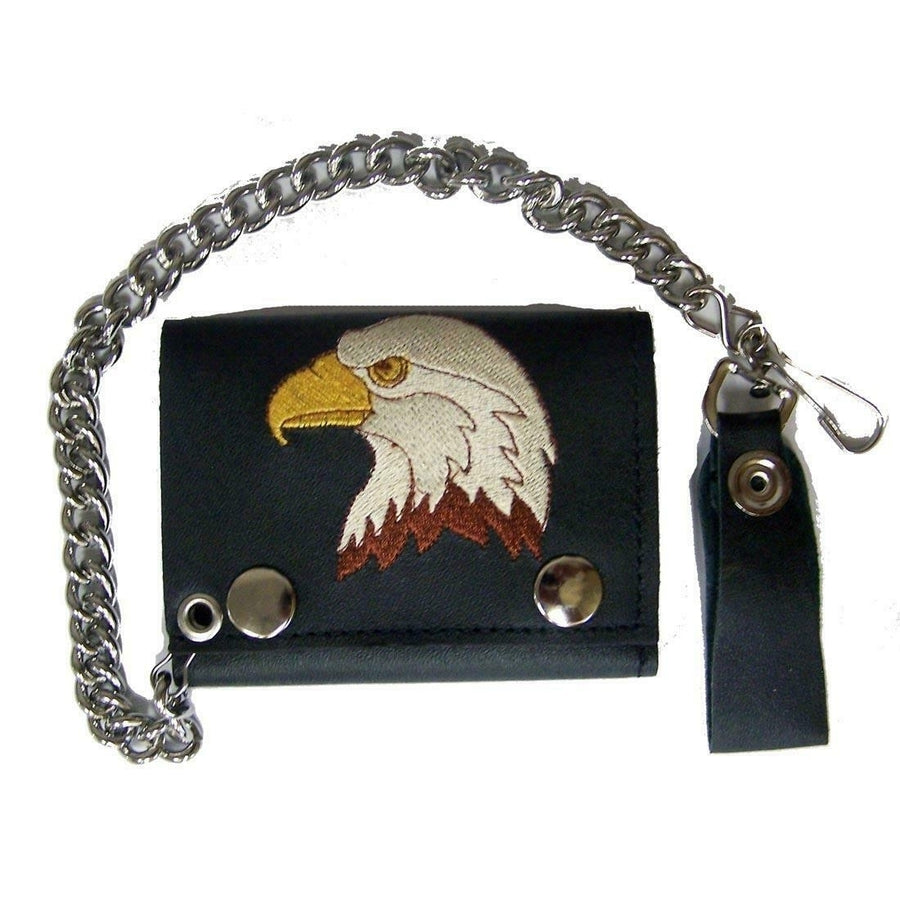 EMBROIDERED EAGLE HEAD TRI FOLD BIKER WALLET With CHAIN LEATHER 621 bikers Image 1
