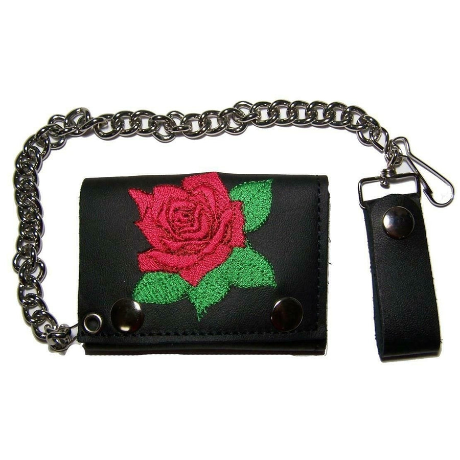 EMBROIDERED RED ROSE TRI FOLD BIKER WALLET With CHAIN mens LEATHER 666 roses Image 1