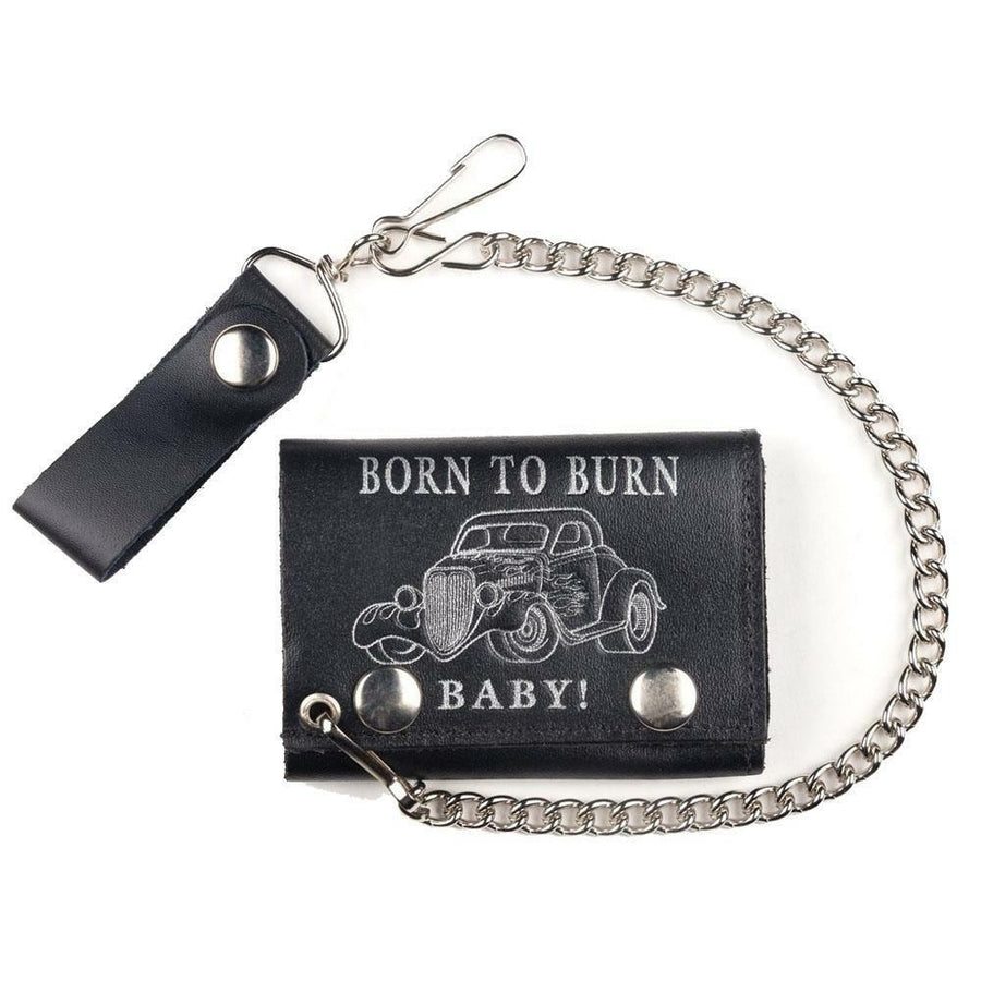 BORN TO BURN VINTAGE CAR TRIFOLD BIKER WALLET W CHAIN mens LEATHER 567 Image 1