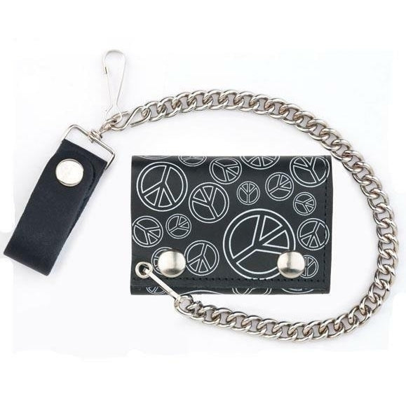 OPEN MULTIPLE PEACE SIGNS TRIFOLD BIKER WALLET W CHAIN mens LEATHER 574 Image 1