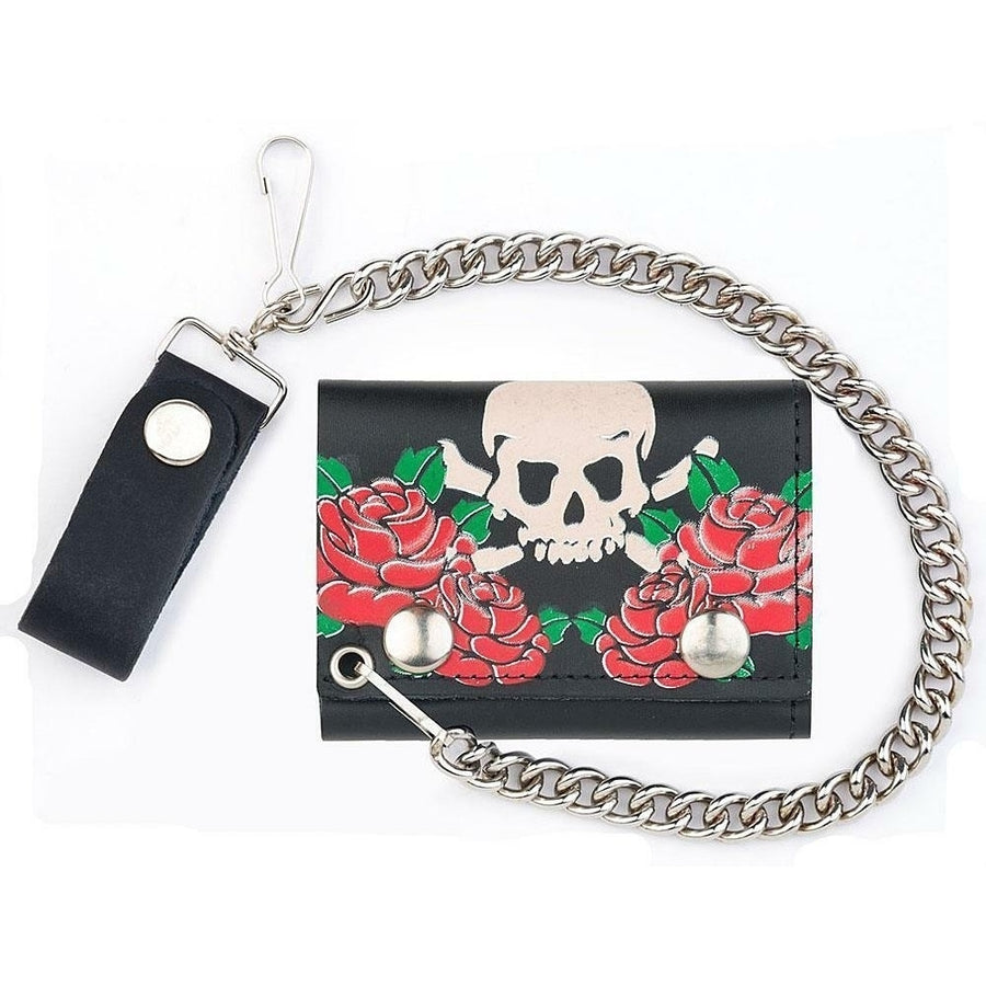 SKULL AND CROSS BONES ROSES TRIFOLD BIKER WALLET W CHAIN mens LEATHER 570 Image 1