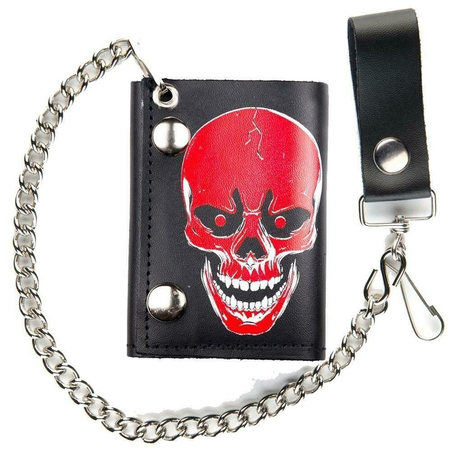 LARGE RED SKULL HEAD TRIFOLD MOTORCYCLE BIKER WALLET W CHAIN mens LEATHER 563 Image 1