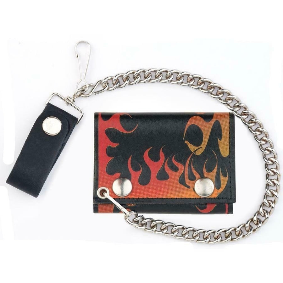 RED and ORANGE FLAMES TRIFOLD MOTORCYCLE BIKER WALLET W CHAIN mens 549 LEATHER Image 1