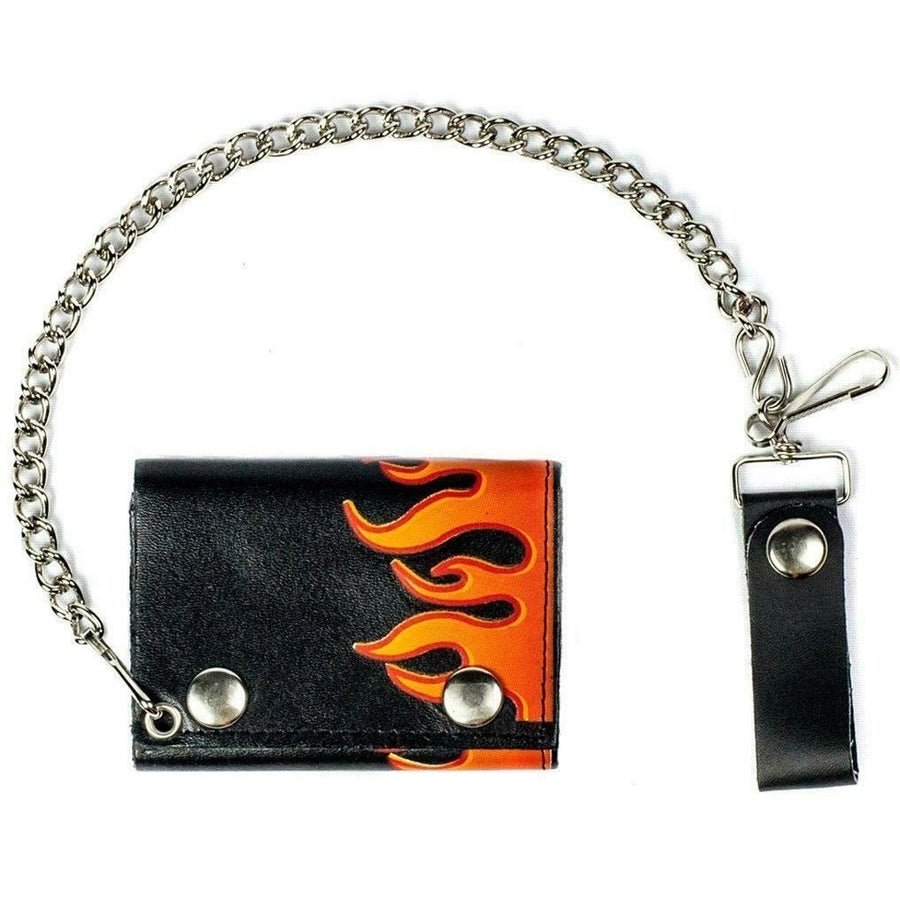 SIDWAYS FLAMES TRI FOLD BIKER WALLET With CHAIN mens LEATHER 588  trifold Image 1