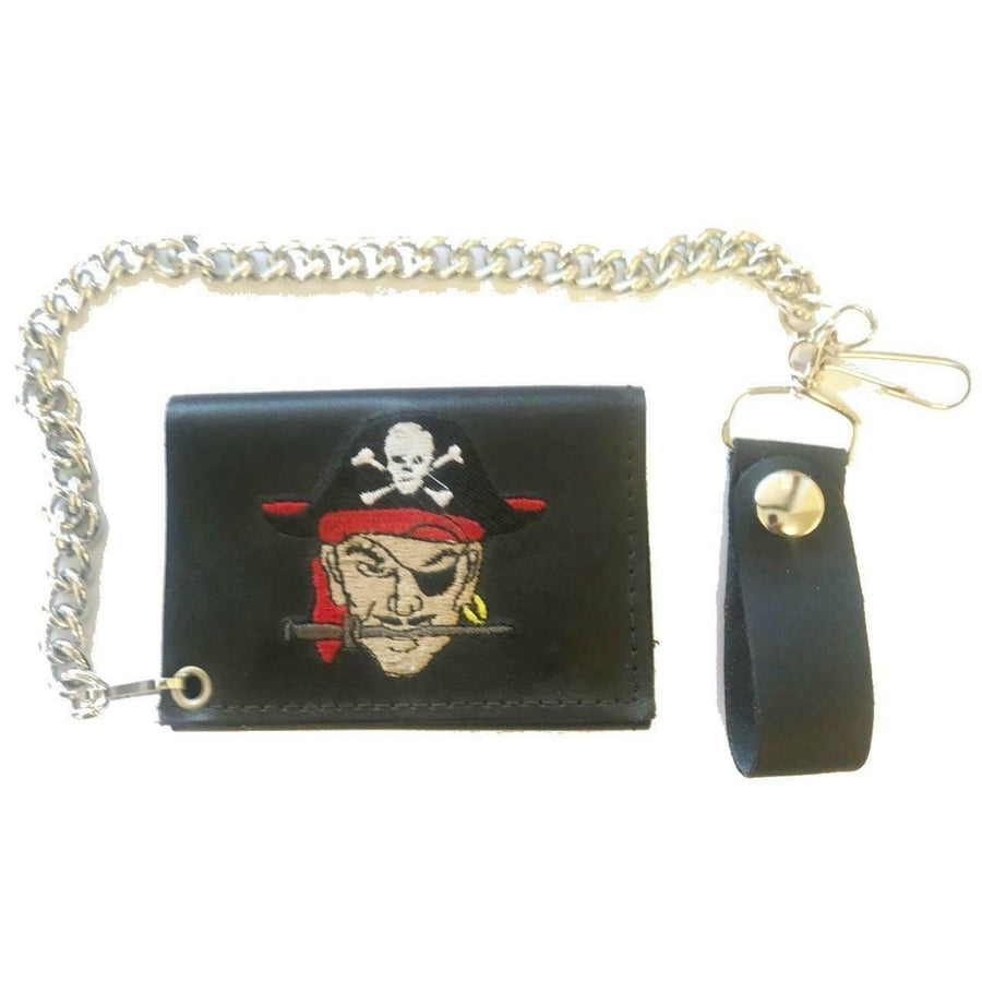 EMBROIDERED PIRATE TRI FOLD BIKER WALLET With CHAIN mens LEATHER 686 pirates Image 1