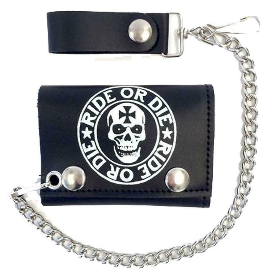 RIDE OR DIE SKULL HEAD TRIFOLD BIKER WALLET W CHAIN mens LEATHER 573 Image 1