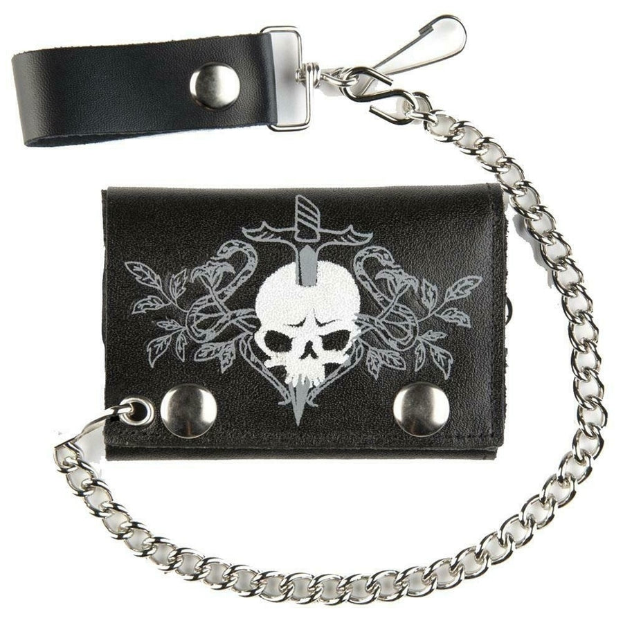 SKULL AND DAGGER KNIFE TRIFOLD BIKER WALLET W CHAIN mens LEATHER 571 Image 1