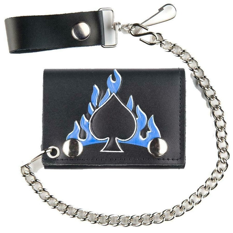 SPADES W BLUE FLAMES TRIFOLD MOTORCYCLE BIKER WALLET W CHAIN mens LEATHER 562 Image 1