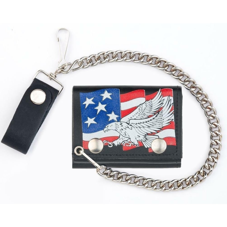 USA FLAG FLYING EAGLE TRI FOLD BIKER WALLET With CHAIN mens LEATHER 587 Image 1