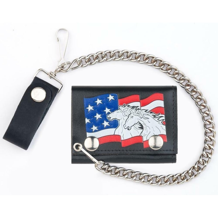 USA FLAG HORSES TRI FOLD BIKER WALLET With CHAIN mens LEATHER 586 horse head Image 1