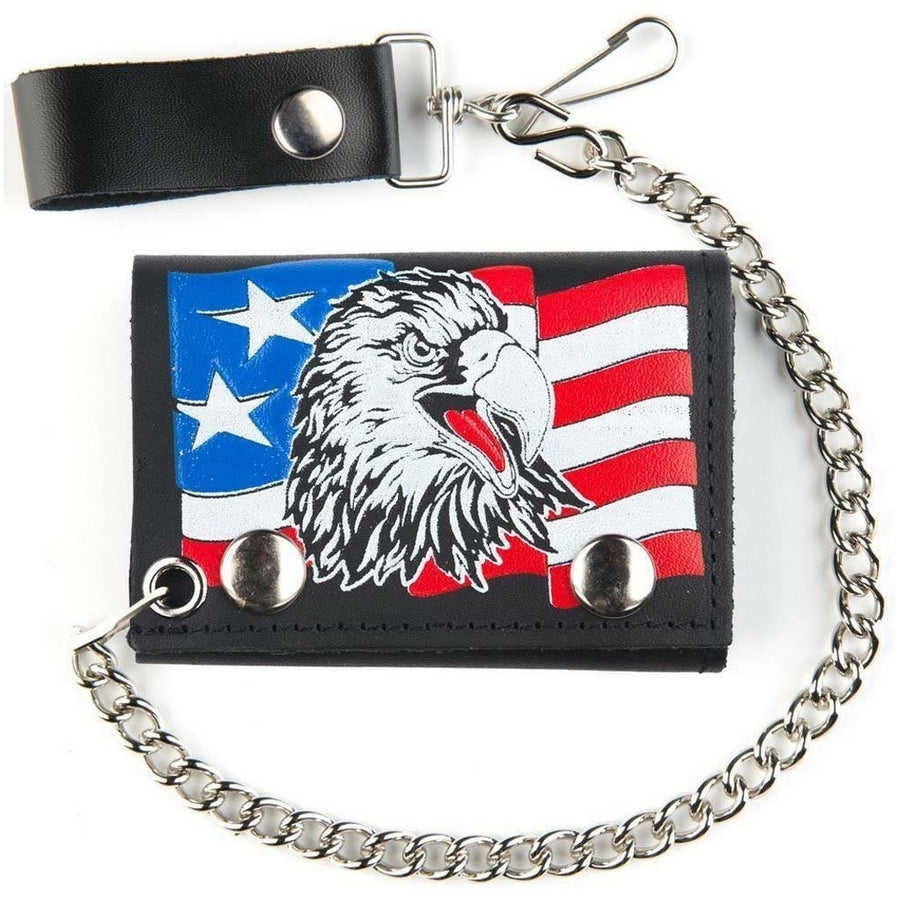 USA FLAG PATROIT EAGLE TRI FOLD BIKER WALLET With CHAIN mens LEATHER 584 Image 1