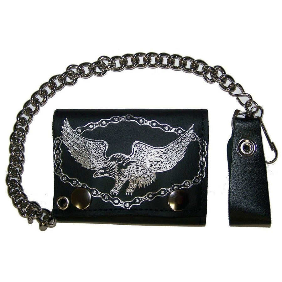 EAGLE CIRCLED IN MOTORCYCLE CHAIN TRIFOLD BIKER WALLET W CHAIN mens LEATHER 680 Image 1