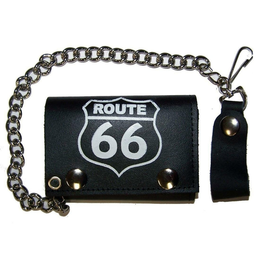 ROUTE 66 HIGHWAY TRIFOLD BIKER WALLET W heavy CHAIN mens LEATHER 641 HWY Image 1