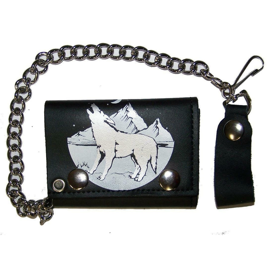 HOWLING WILD WOLF TRIFOLD BIKER WALLET W heavy CHAIN mens LEATHER 652 WOLVES Image 1