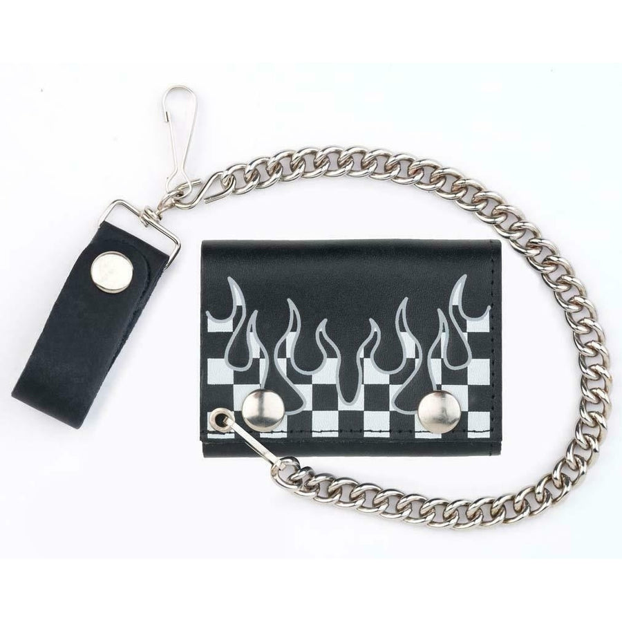 CHECKERED FLAG FLAMES TRIFOLD MOTORCYCLE BIKER WALLET W CHAIN mens  530 Image 1