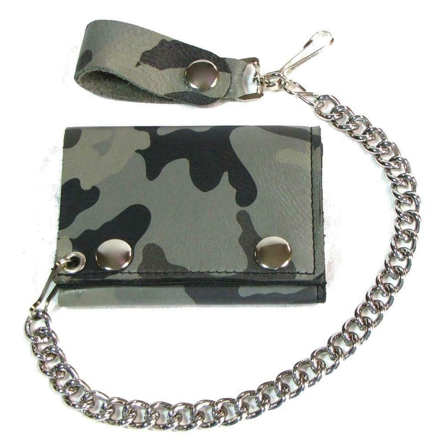 DESERT CAMOUFLAGED TRIFOLD BIKER WALLET W heavy CHAIN mens LEATHER 688 CAMO Image 1