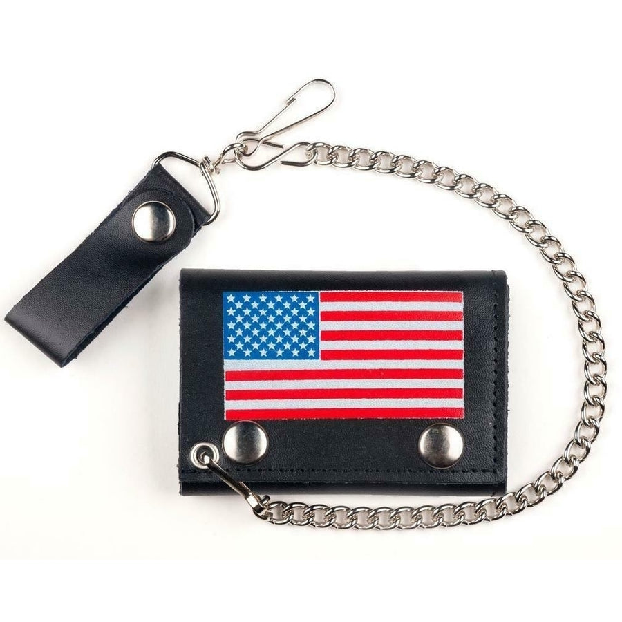 AMERICAN FLAG TRIFOLD MOTORCYCLE BIKER WALLET W CHAIN mens 552 LEATHER USA Image 1
