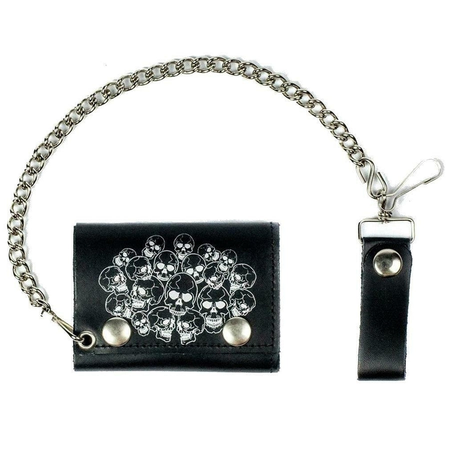 PILE OF SKULL HEADS TRIFOLD MOTORCYCLE BIKER WALLET W CHAIN mens 691  LEATHER Image 1
