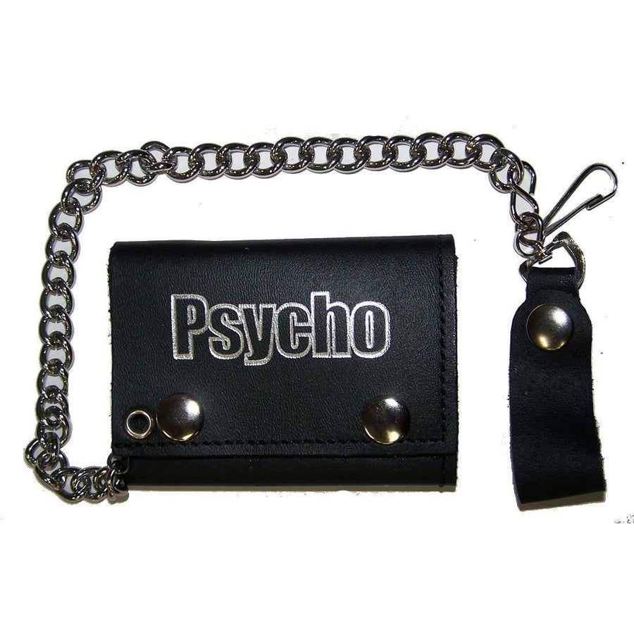 PSYCHO letters word TRIFOLD BIKER WALLET W heavy CHAIN mens LEATHER 647 Image 1
