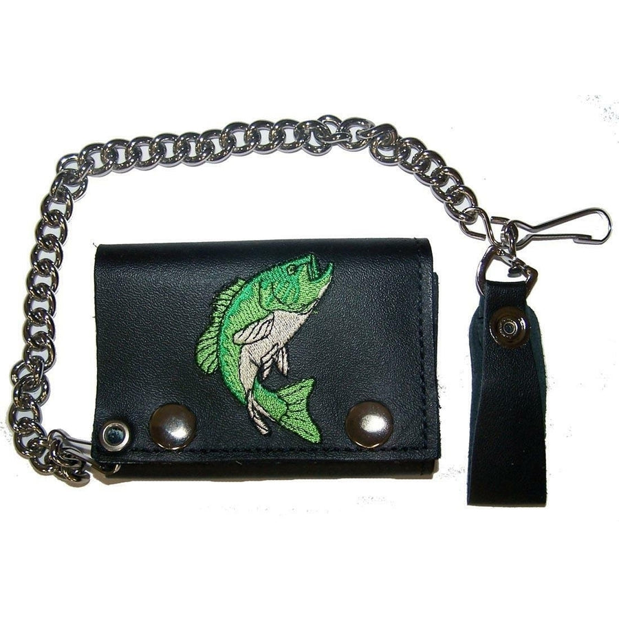EMBROIDERED BASS FISH TRI FOLD BIKER WALLET With CHAIN mens LEATHER 627 Image 1