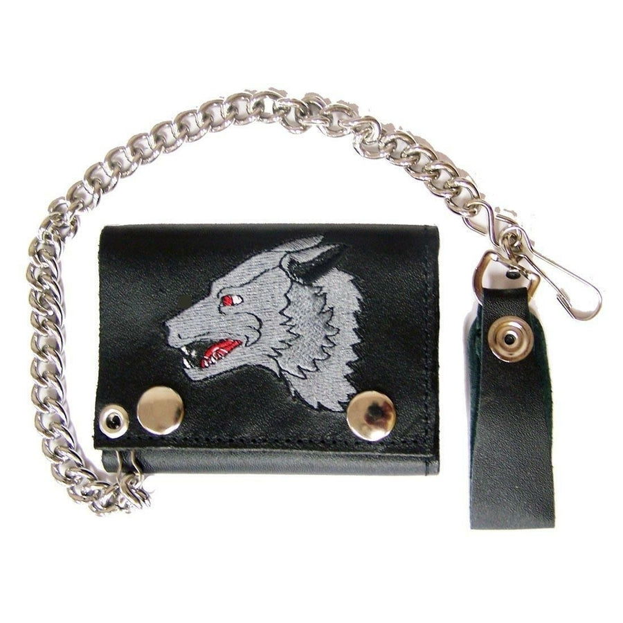 EMBROIDERED LONE WOLF HEAD TRI FOLD BIKER WALLET With CHAIN LEATHER 633 bikers Image 1