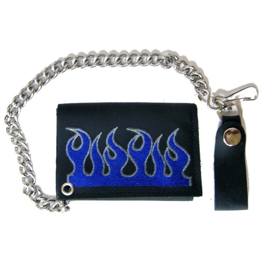 EMBROIDERED BLUE FLAMES TRI FOLD BIKER WALLET With CHAIN LEATHER 629 bikers Image 1