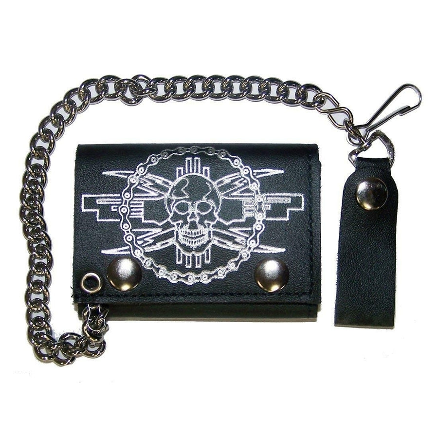 SKULL MOTORCYCLE CHAIN TRIFOLD BIKER WALLET W CHAIN mens LEATHER 611 Image 1