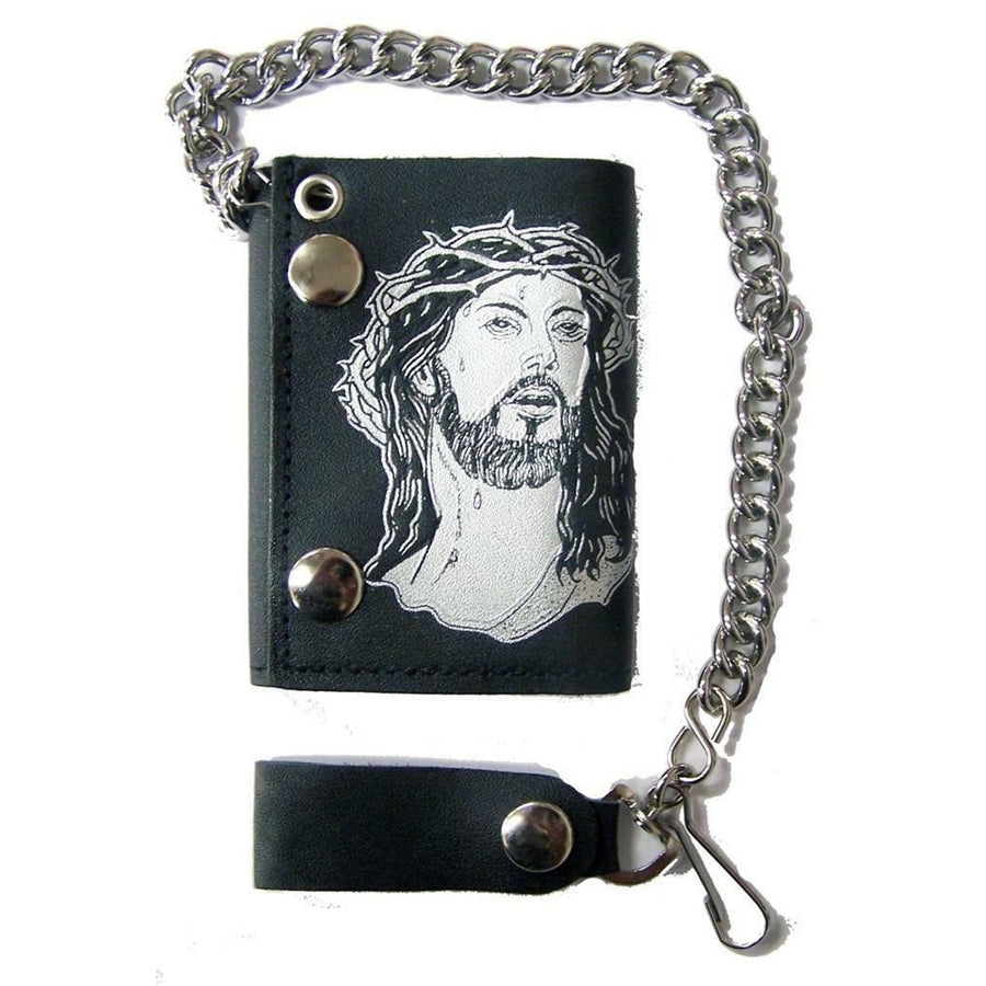 JESUS CROWN OF THORNS TRIFOLD BIKER WALLET W CHAIN mens LEATHER 616 religious Image 1