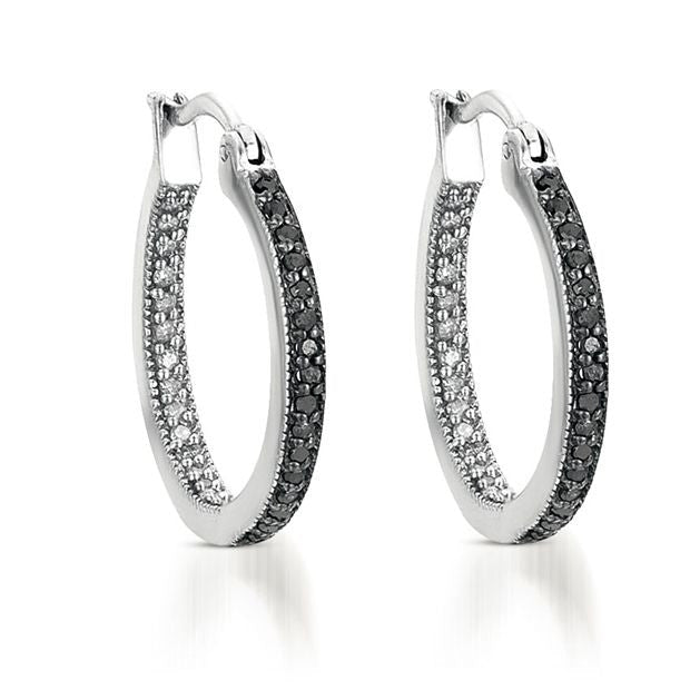 1/10CTW Black and White Diamond Inside Out Hoop Earrings in Sterling Silver Image 1
