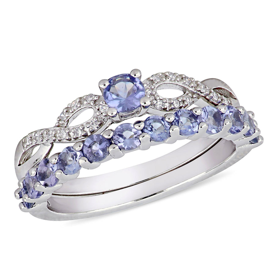 1.00 Carat (ctw) Tanzanite Engagement Ring & Wedding Band Set in Sterling Silver Image 1