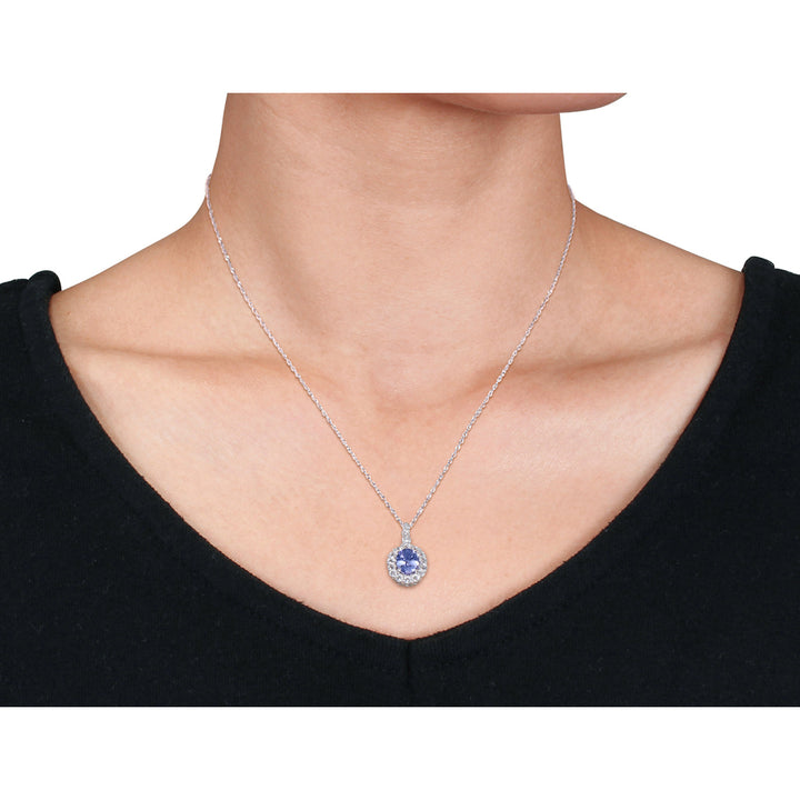 1.80 Carat (ctw) Tanzanite and White Topaz Halo Pendant Necklace in 14K White Gold with Chain Image 3