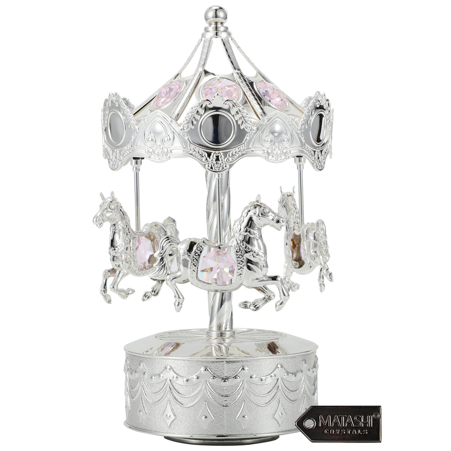 Matashi Silver Plated Music Box with Crystal Studded Silver Carousel with Horses Figurine Image 1